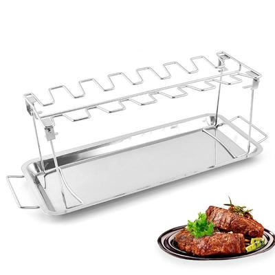 Portable Stainless Steel Folding Chicken Leg Rack with Tray - Outdoor BBQ Oven Accessory