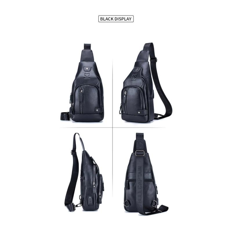 2024 New 100% Cowhide Leather Casual Fashion Crossbody Chest Bag Men's Leather Bag USB Charging Travel Shoulder Bag Daypack Male