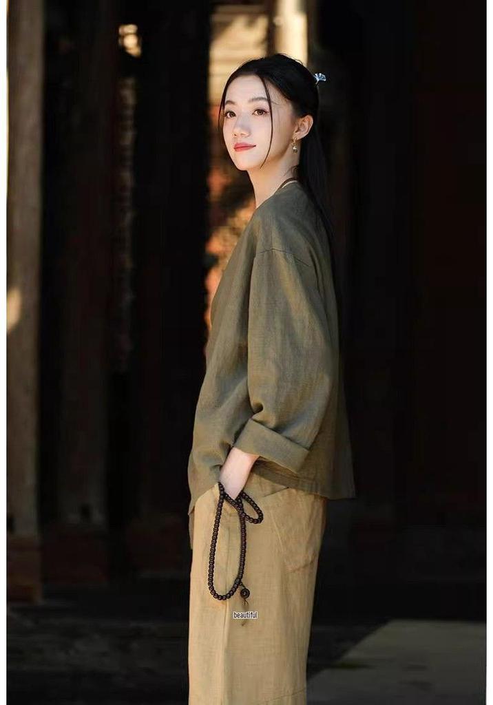 Chinese Zen Artistic Retro Cotton Linen Long Sleeve Shirt - 2025 Spring Autumn Collection: Versatile Loose Slimming Women's Wear