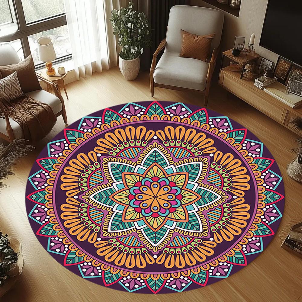 Bohemian Ethnic Style Round Rug Vibrant Geometric Floral Pattern Carpet Soft Non-Slip Circle Mat for Living Room Bedroom