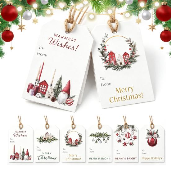 Holiday Present Labels 48 Pcs Christmas Gift Tags with String, Seasonal Hanging Labels, Pattern Cardboard Paper for Xmas Party Decoration, DIY