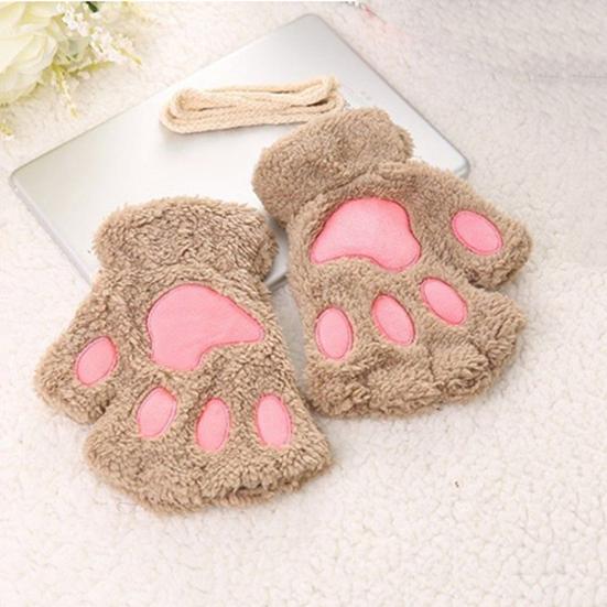 Winter Girl Cute Bear Cats Claw Cashmere Neck Hanging Half Finger Gloves Mittens