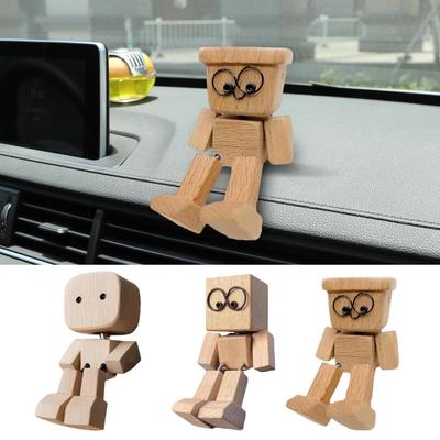 Cute Car Wood Man Shaking Wooden Man Figurine Car Decoration Small Ornaments Decor Creative Figurine Gifts for Home & Office