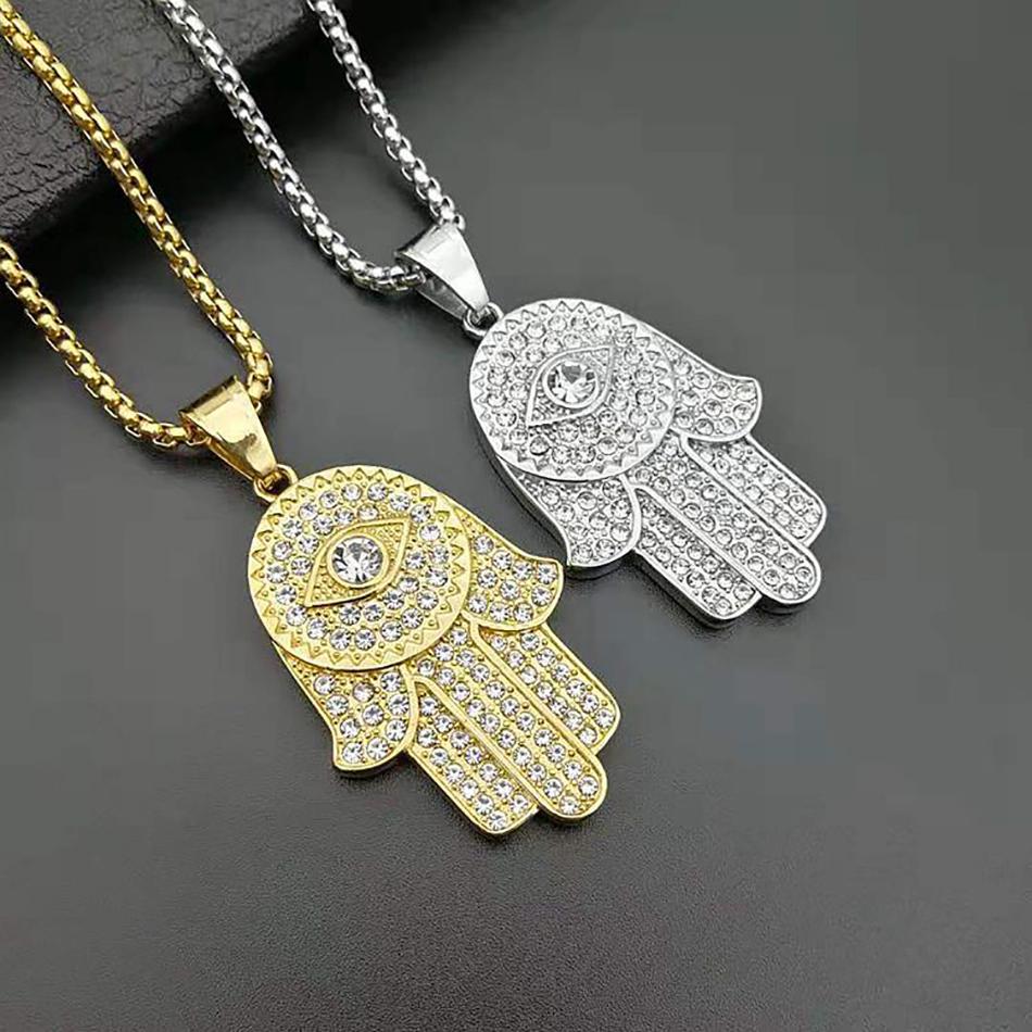 Türkisches Nazar Boncuk Hamsa Hand der Fatima Anhänger Halskette Goldfarbe Edelstahl Iced Out Ketten Für Damen Herren Hip Hop Schmuck