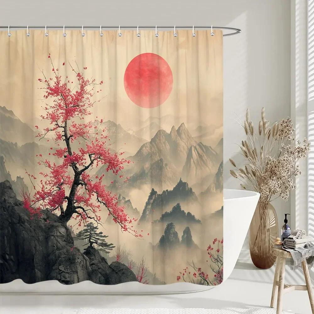 Chinese style Shower Curtain Koi Fish Cherry Blossom Sun Sea Wave Octopus Landscape Polyester Fabric Curtains Bathroom Decor