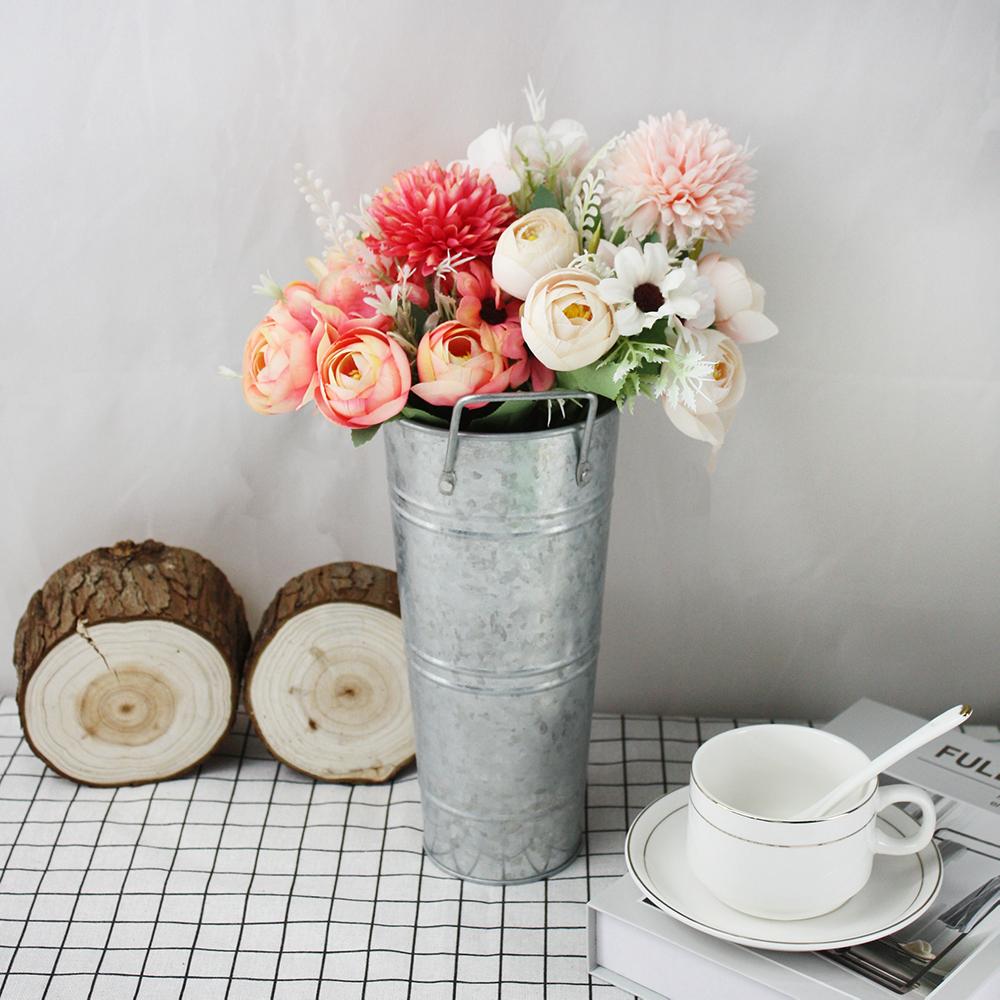 3pcs Set Iron Wrought Simple Argent Vase and Two High Quality Simulation Bouquets for Living Room and Dining Room Decoration