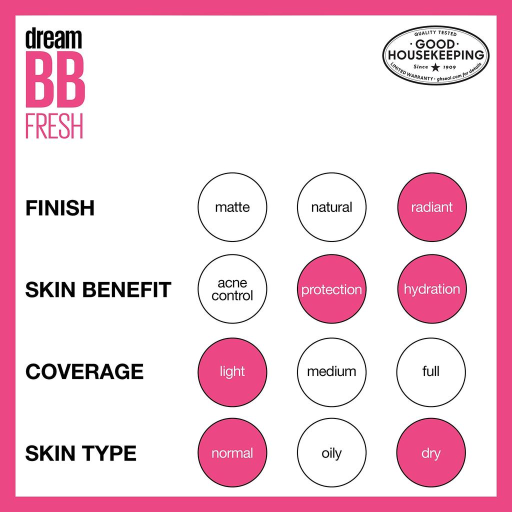 Maybelline Dream Fresh Skin Hydrating BB Cream 8-in-1 Broad Spectrum SPF 30 Sheer Tint Oil-Free Light 1 Fl Oz