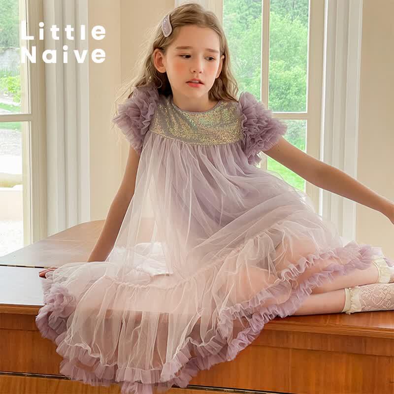 Little Naive Girls  Sequin Mesh Princess Short-Sleeve Dress 120