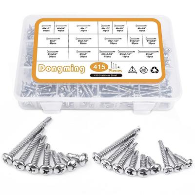 Conjunto de 415 Peças de Parafusos Autoatarraxantes Autoperfurantes Cabeça Panela Cruz Aço Inoxidável 410 Cabeça Redonda Parafuso Ranhurado Caixa