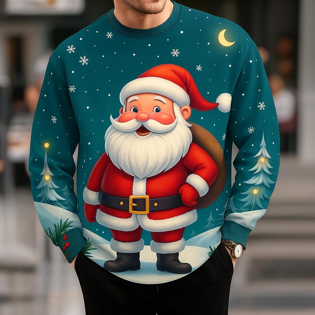 Men's Christmas Theme Sweatshirt, 3D Graphic Santa Claus Print, Round Neck Pullover, Holiday Casual Style Long Sleeve Streetwear