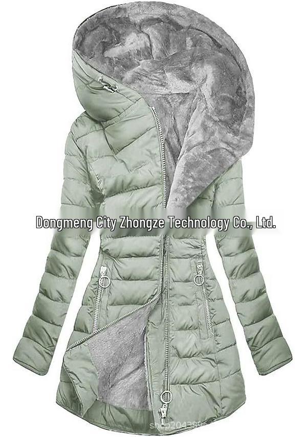 Mid-Length Slimming Hooded Jacket - Women's Thickened Cotton with Velvet Lining