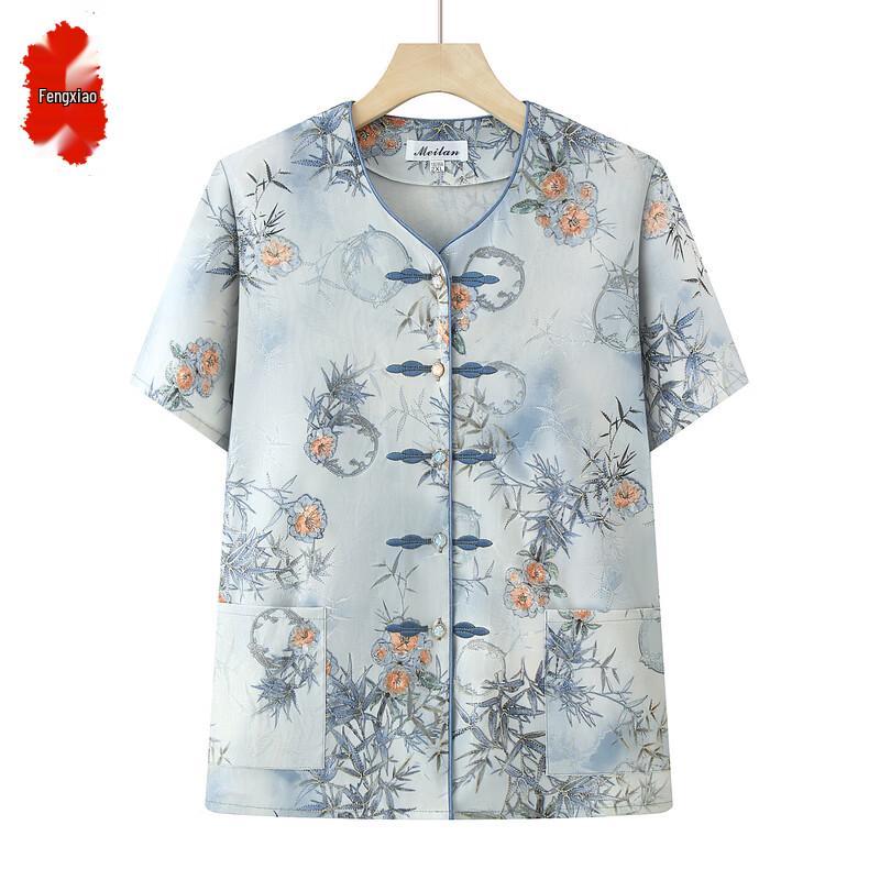 Women s Floral V-Neck Short Sleeve Blouse XL синий