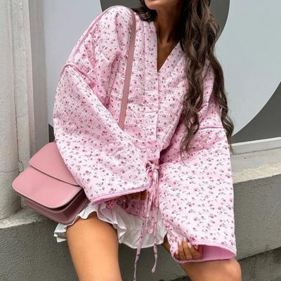 Dames Lief Casual V-hals Vetersluiting Katoenen Jas Bloemenprint Lange Mouw Jas Herfst Winter Los Warm Bovenkleding