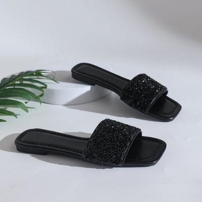 Fashion Summer Women's French Sequined Fairy Shoes Cool Flat Bottom Beach Rhinestones Slides Slippers