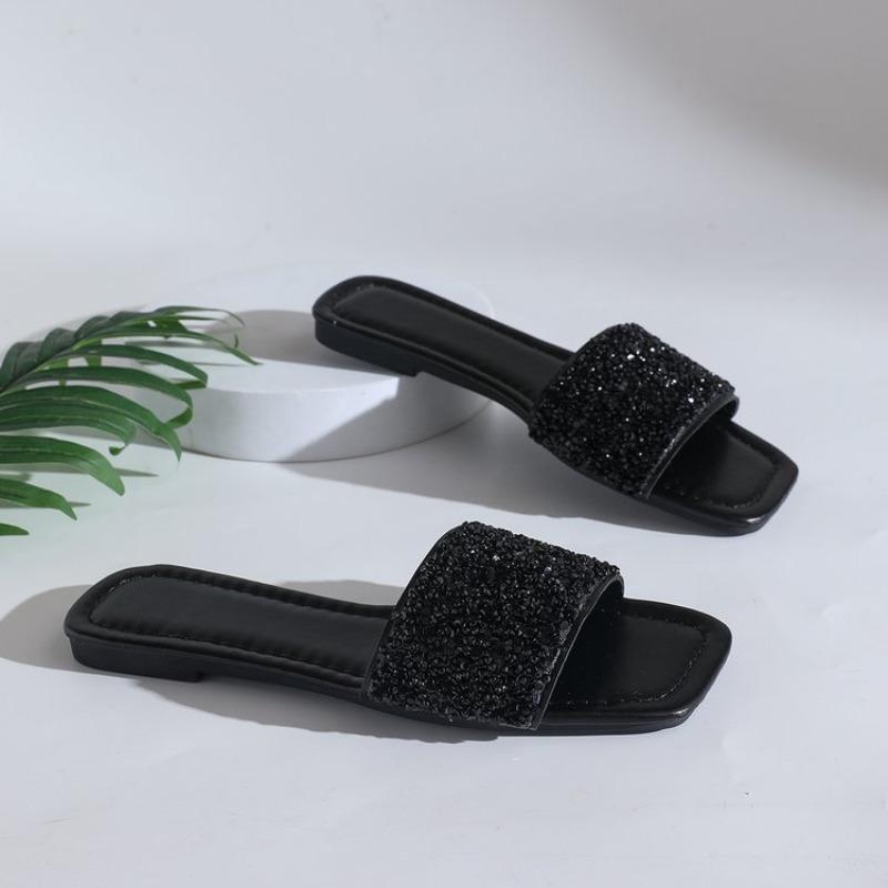 Fashion Summer Women's French Sequined Fairy Shoes Cool Flat Bottom Beach Rhinestones Slides Slippers