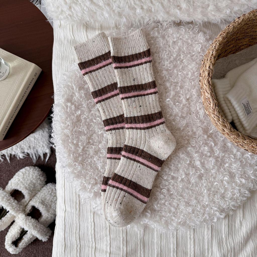 Women's Autumn and Winter Thickened Warm Collision Color Striped Yarn Wool Tube Pile Socks