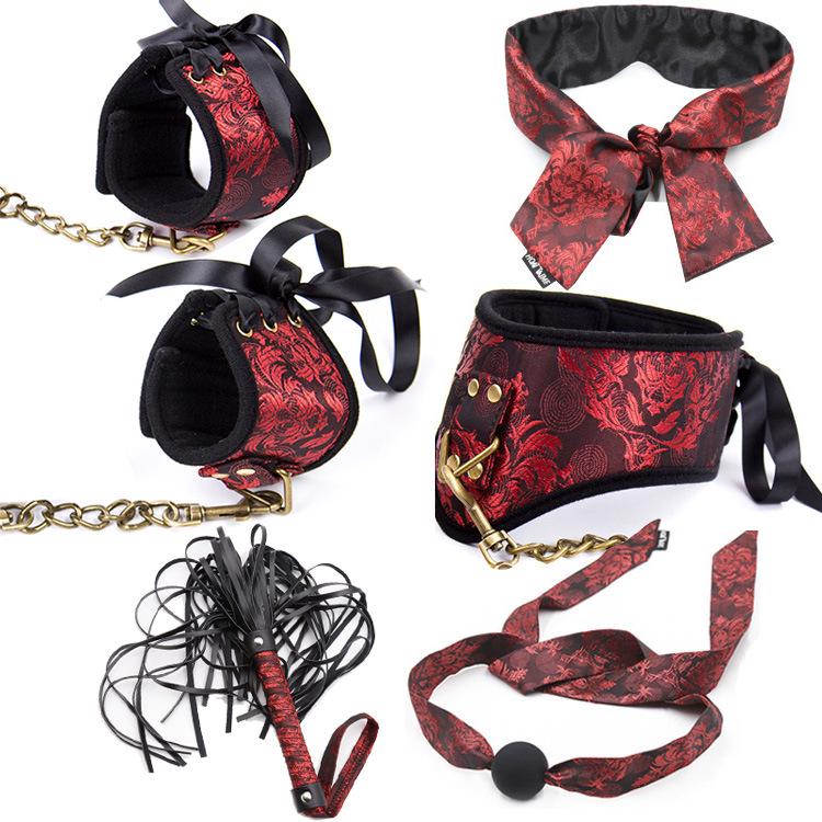 Retro Court Chinese Style Fabric Restraint Set: Foot Cuffs, Gag Ball, Eye Mask, Leash, Collar.