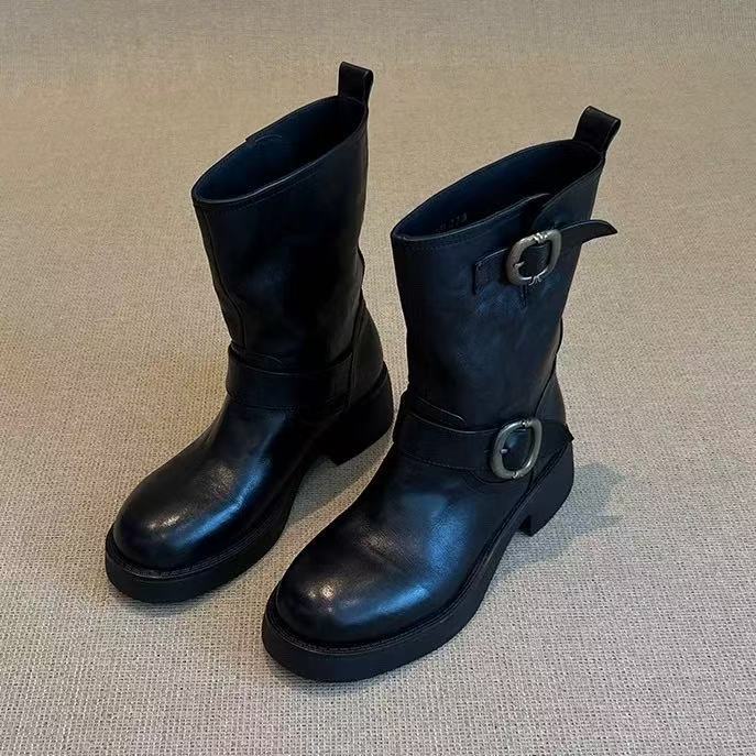 

The first layer of washed cowhide 2025 autumn and winter new belt buckle knight boots women s thick heel versatile knight boots 35