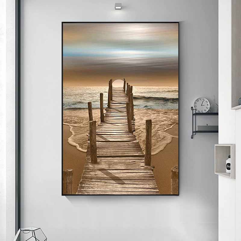 Pósteres y grabados de puentes de madera en la playa, pintura en lienzo de paisajes, imágenes artísticas de pared al atardecer para sala de estar, decoración moderna del hogar