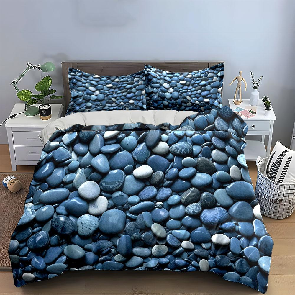 Blue Pebble Stone Texture Bedding Set 3pcs Natural Seaside Rock Print Duvet Cover Minimalist Calming Bed Linen for Bedroom