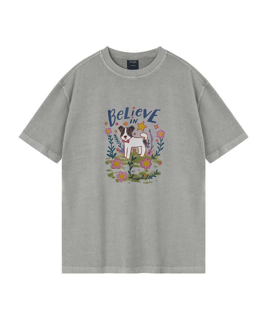 WILDROCK Flower Garden Puppy Pigment Oversized Short Sleeve T-Shirt (Cropped) (Type A)