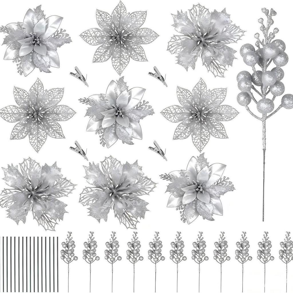 Christmas Handmade Gold & Silver Flower Ornaments with Gold Powder Fruit - Artificial Holiday Decoration Set