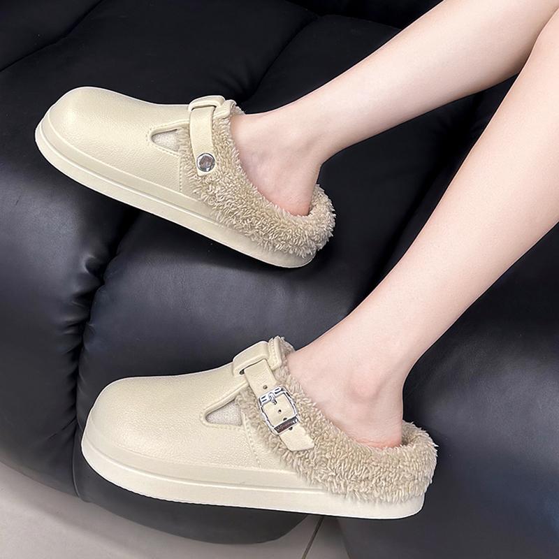 Fashion Autumn Winter Fur Clog Slippers Women 2025 Lightweight Non Slip Indoor Cotton Slippers Woman Buckle Decor Soft Sole Birken Shoes