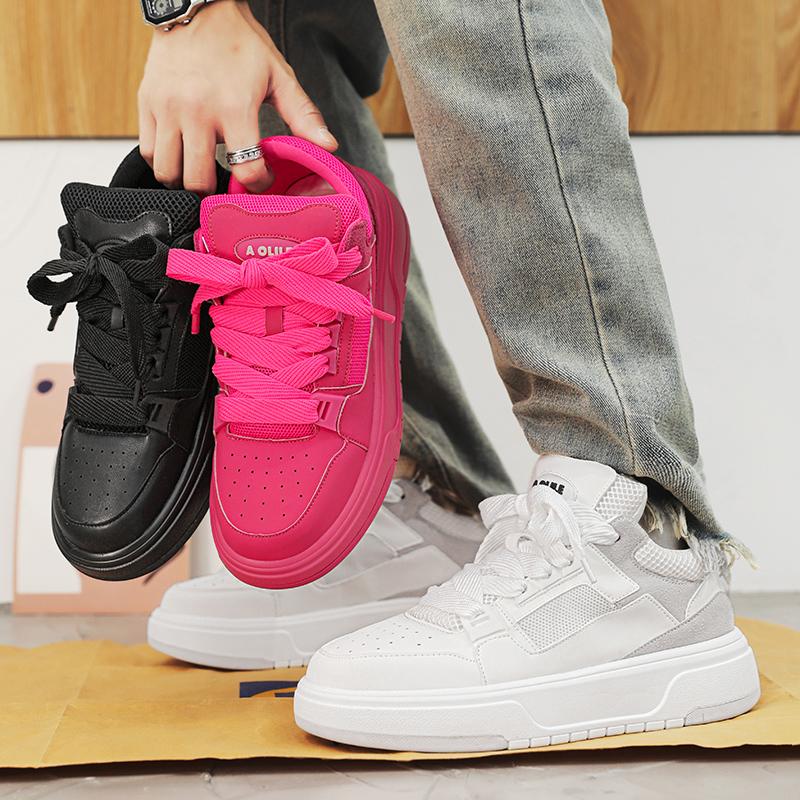 New Personalized Pink Casual Men's Designer Board Shoes Fashionable Genuine Leather Breathable Elevated Flat Sports Shoes