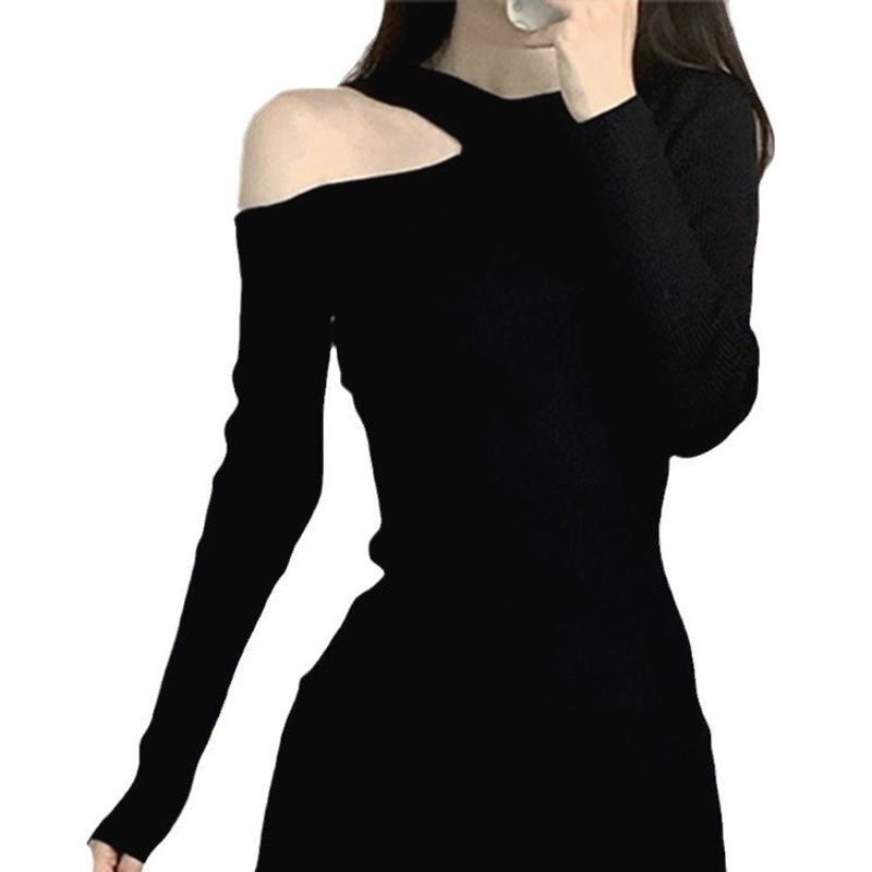 New Autumn and Winter Pure Black Dress with Hollow-Out Bodycon Design, Slimming and Sexy Mid-Length Dress