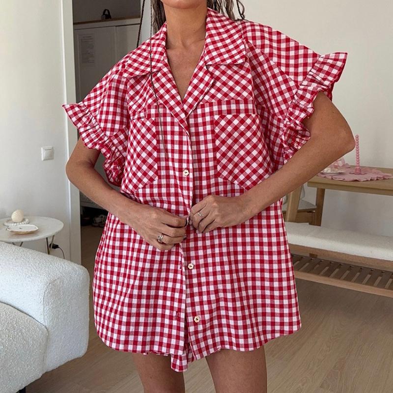 Elegante Conjunto de Camisa Casual a Cuadros con Volantes y Pantalones Cortos de Cintura Alta para Mujer, Nueva Colección de Verano