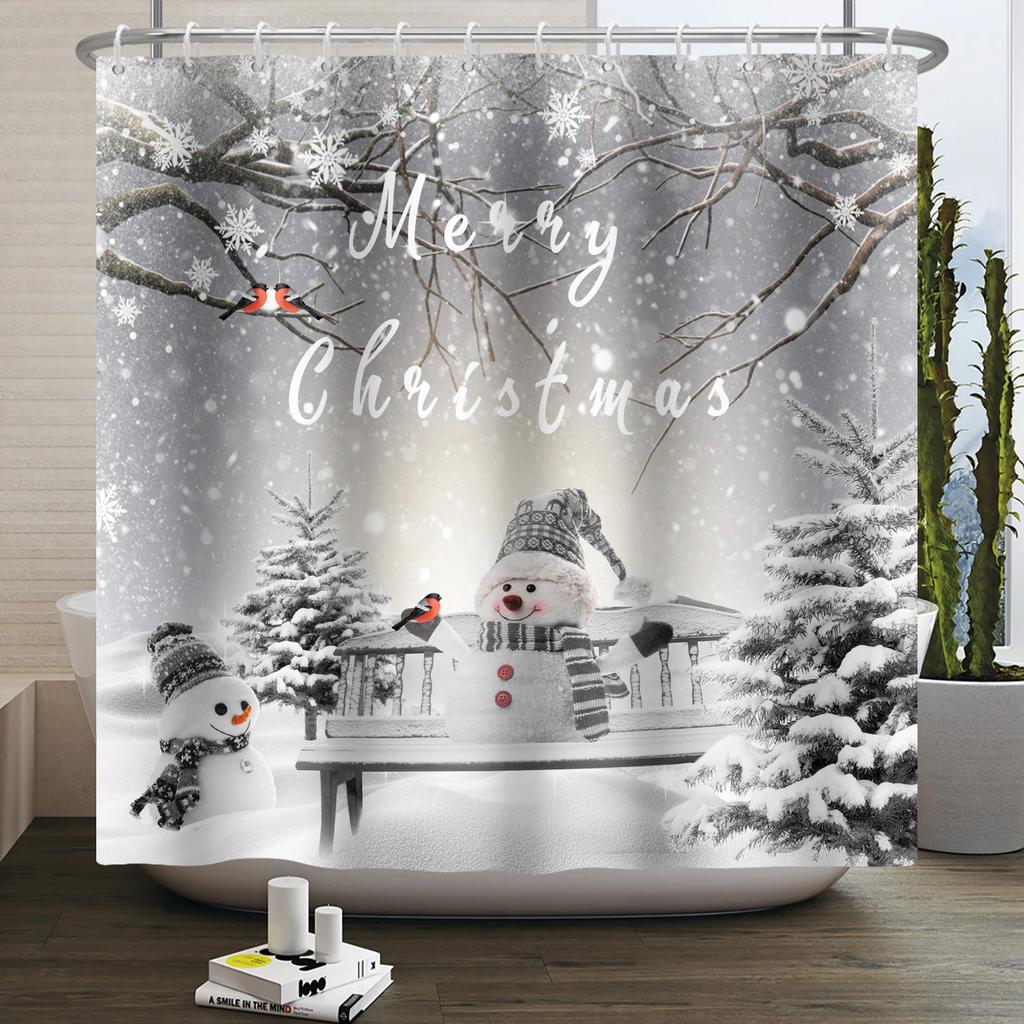 Christmas Shower Curtain Xmas Tree Winter Forest Snow Cute Snowman Bathroom Shower Curtain Waterproof Bath Curtain With Hook