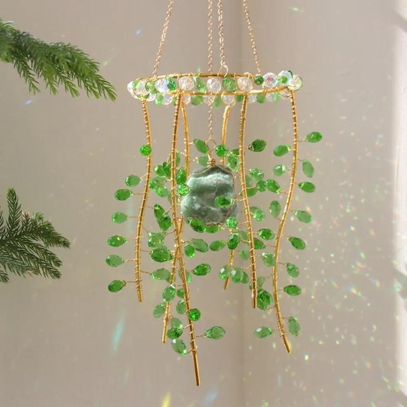 Green Willow Branch  Glass Pendant Handmade Rainbow Makers Willow Wind Bell Natural Hanging Sun Catcher Chandelier