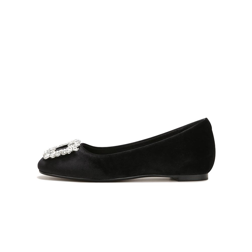 [Su Yinyin of the Same Style] Year-end Dinner~ Square Head Diamond Buckle Shallow Mouth Velvet Flat-soled Single Shoes Women's Commuter Shoes