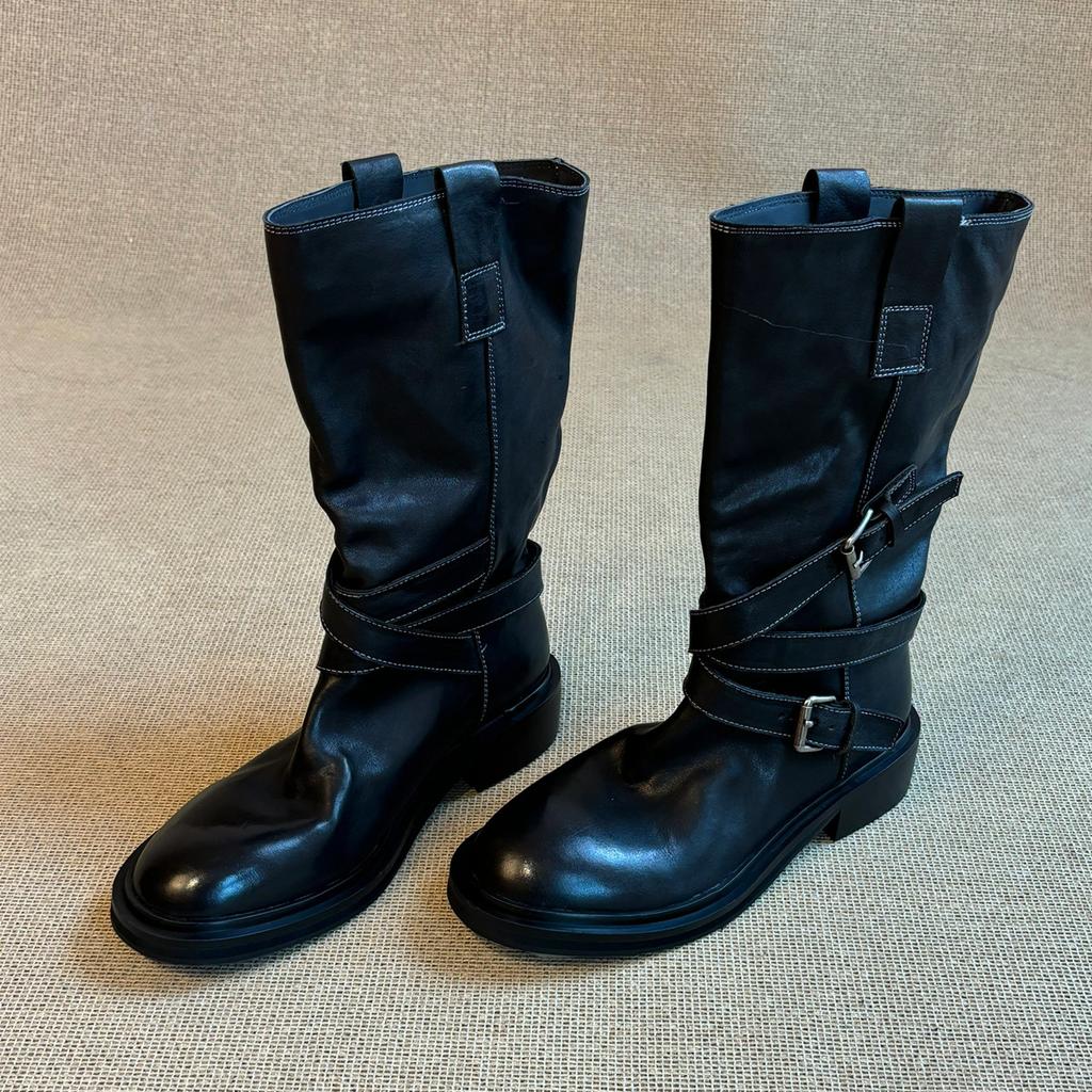 Cowhide version~ retro belt buckle mid boots western cowboy boots slim thick-soled fried street boots female knight boots