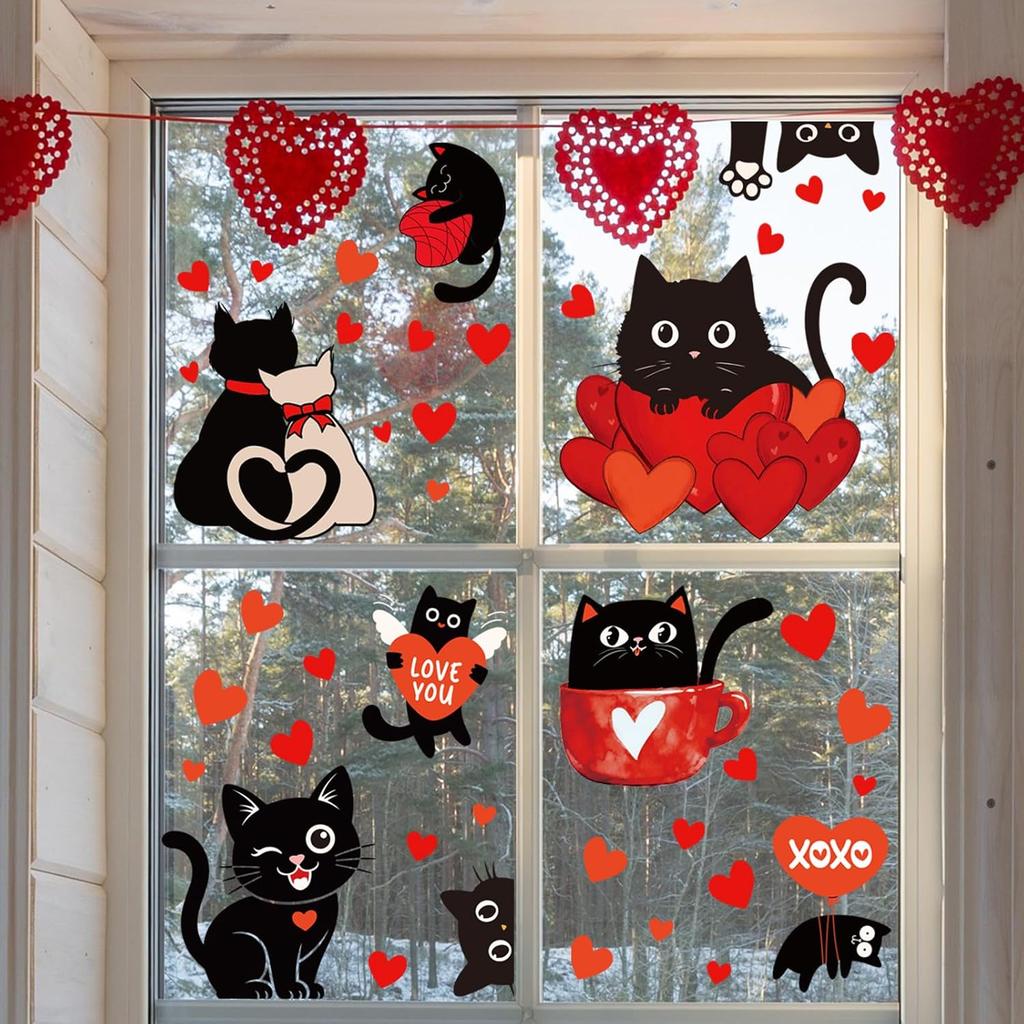 Whaline 6 Sheets Valentine' s Day Window Clings Window Decal Black Cat Red Love Heart Reble Anti-Collision Windows Decor for Wedding Anniversary Home