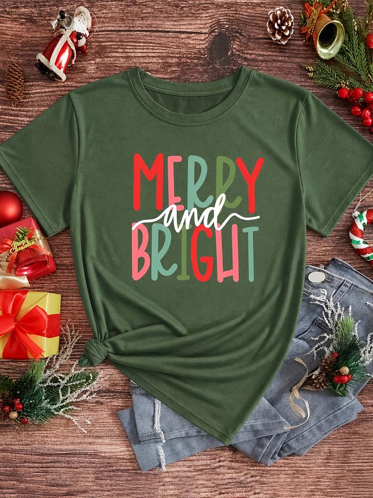 Merry And Bright Simple Text Printed Round Neck Tshirt Summer Womens Essential Casual Slimming Top Small Gift