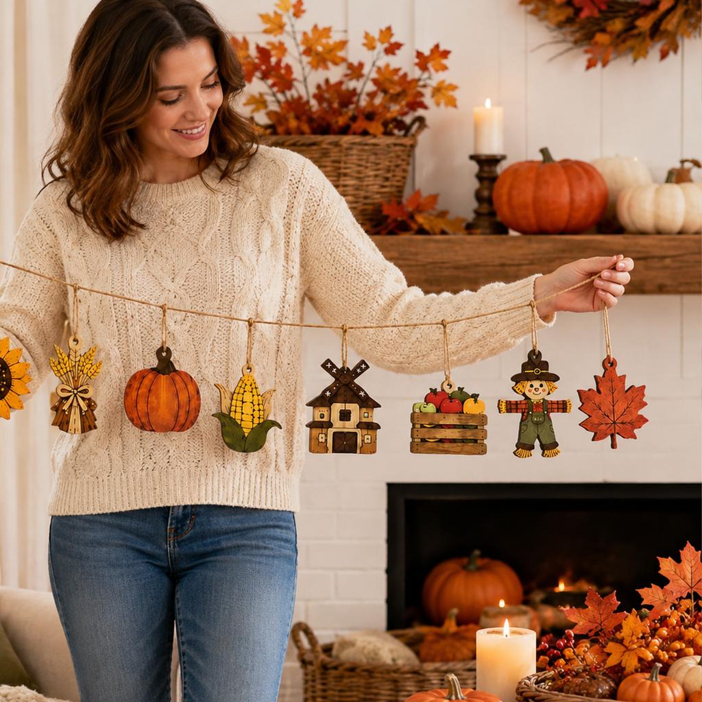 Wooden Pumpkin Bunting Hanging Decoration for Fall Home