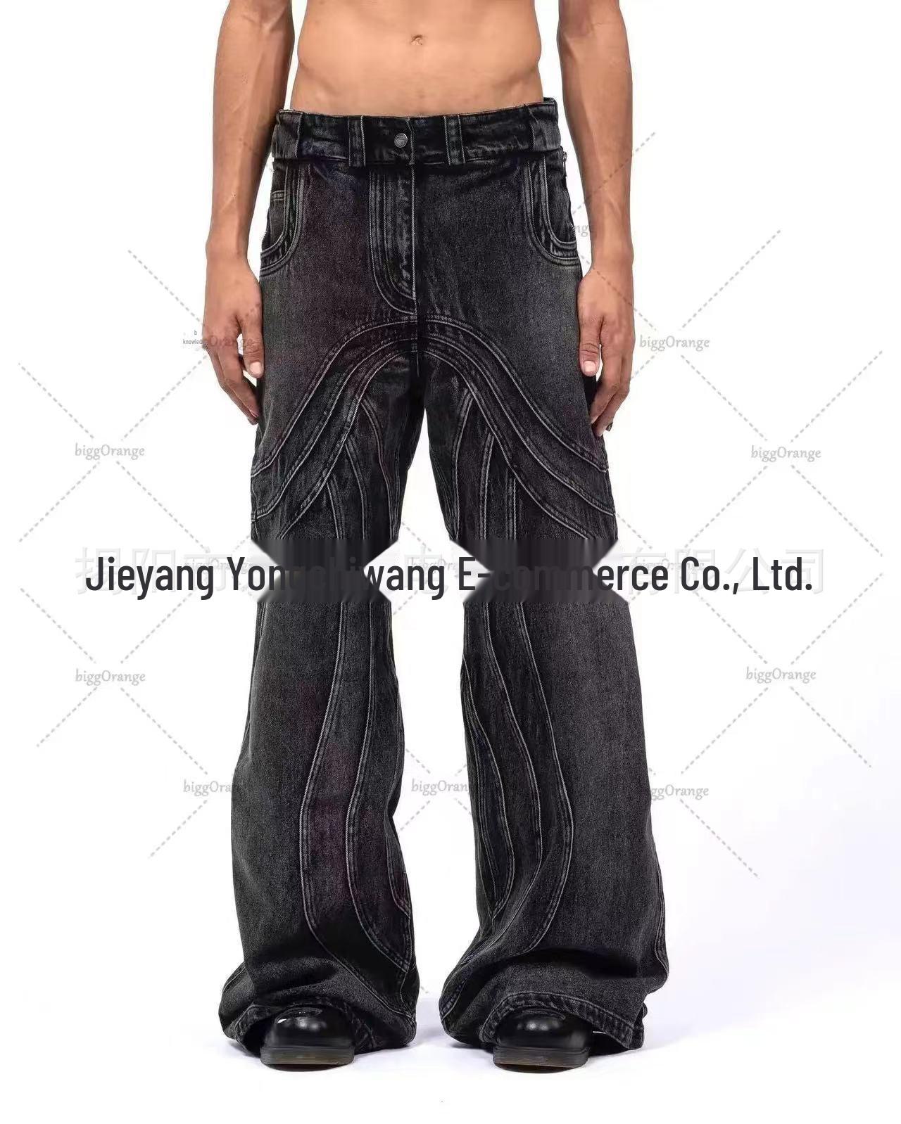 

2024 Vintage Style Black & Gray Micro-Flare Loose Denim Pants 2XL чёрный/серый