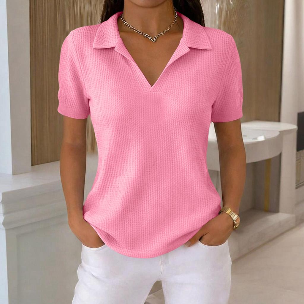 Women's Fashion -Color T-Shirt — Retro Lapel, -Knit, Short-Sleeve Top for Daily Commuting (Spring/Summer)