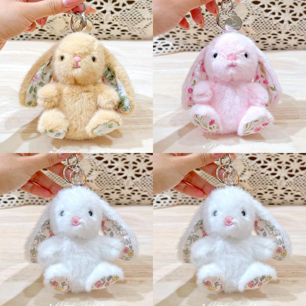 Rabbit Sitting Plush Keychain With Embroidered Flowers For Cute Collectible Gift