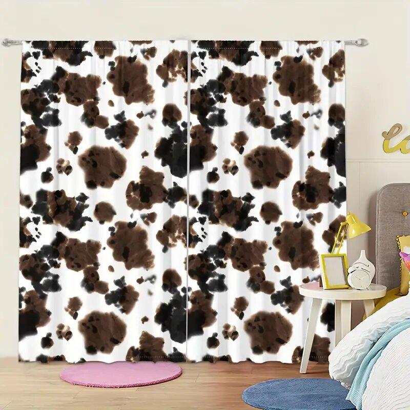 2 pieces - Textured cow spot pattern printed curtains   window decorations   home decorations   room decorations