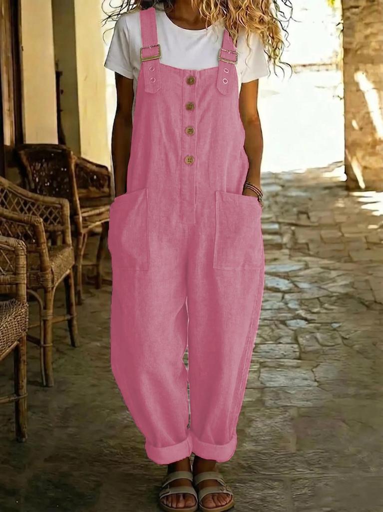 2026 Women's Summer Cotton Linen Retro Pocket Straight-Leg Overalls