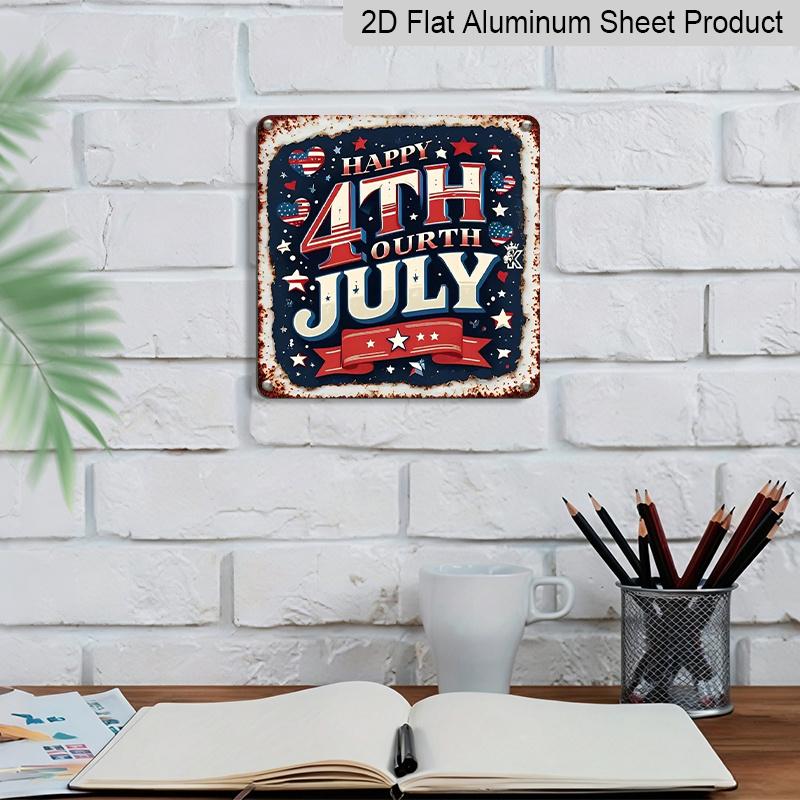 2D Flat, 1pc Vintage 4th of July Metal Wall Sign -Aluminum Patriotic Stars & Stripes Decoration with Happy 4th of July Lettering, Red White Blue