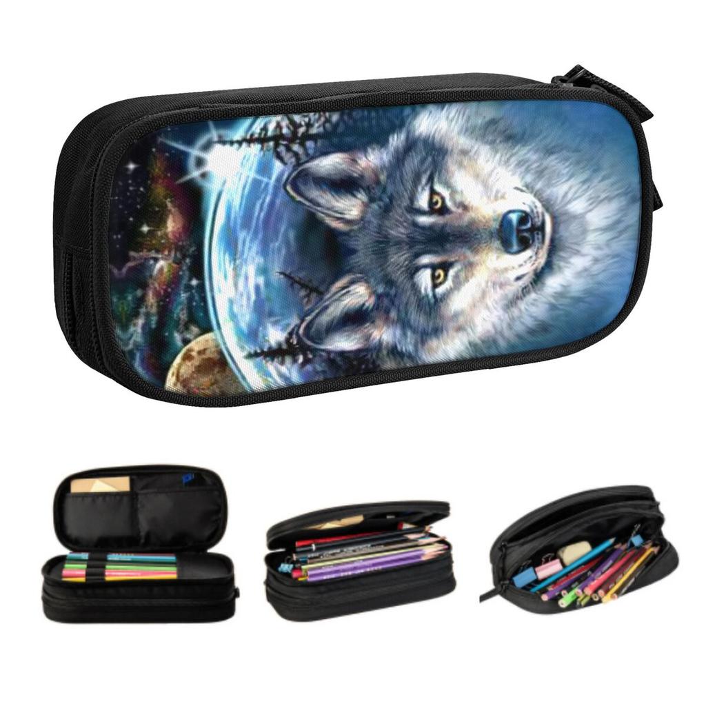 Custom Animal Wolf Moon Kawaii Pencil Case Girls Boys Large Capacity Pencil Box Students Stationery
