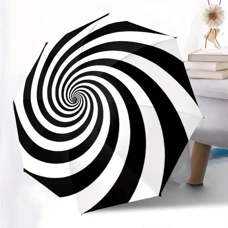 Automatic Folding Umbrella with Black and White Spiral Design, 8-Rib Auto Open/Close, Portable Compact Foldable Umbrella with