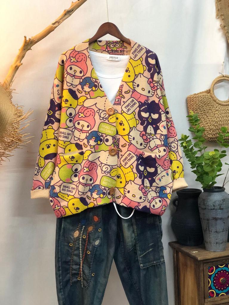 Factory new autumn and winter cute printed imitation mink velvet jacket women's Korean version loose lazy sweater