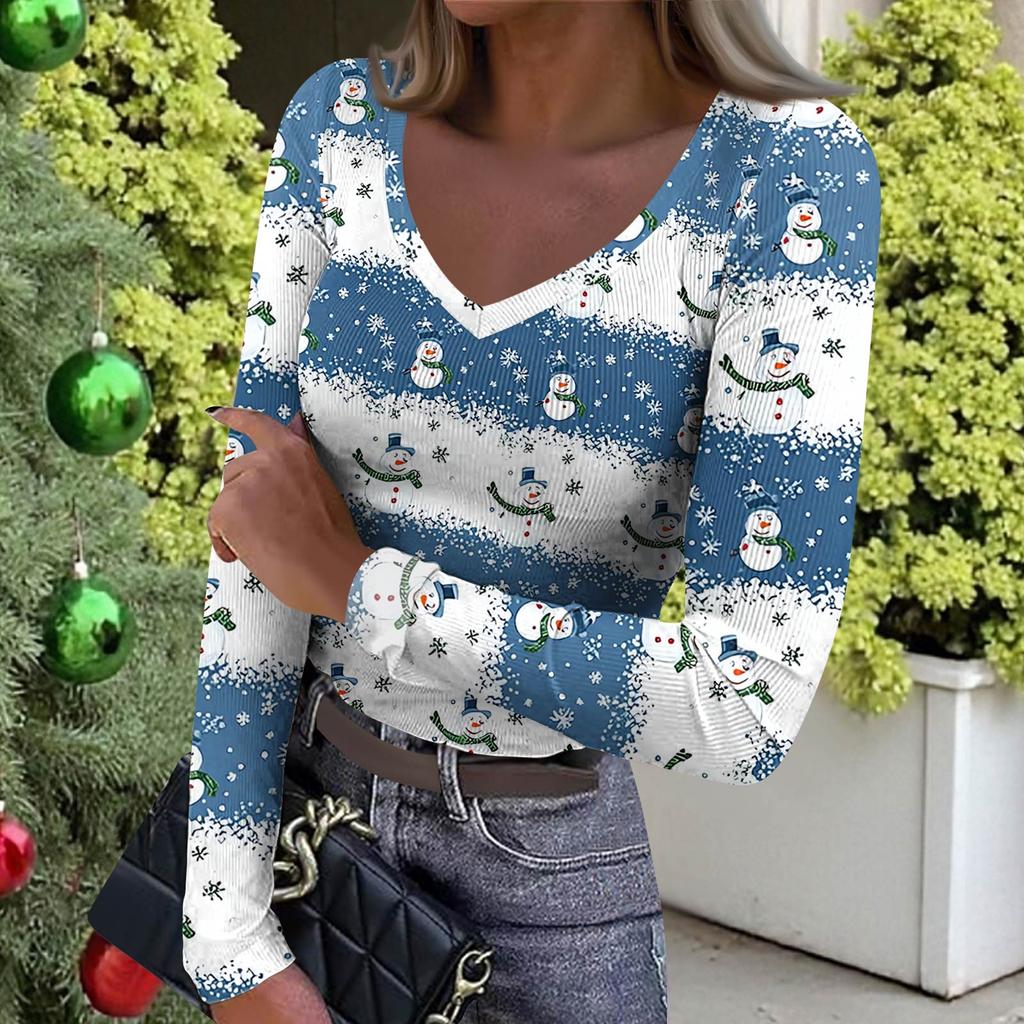 Dámské zimní přiléhavé základní tričko Módní vánoční potisk Výstřih do V Pulovr Top s dlouhým rukávem