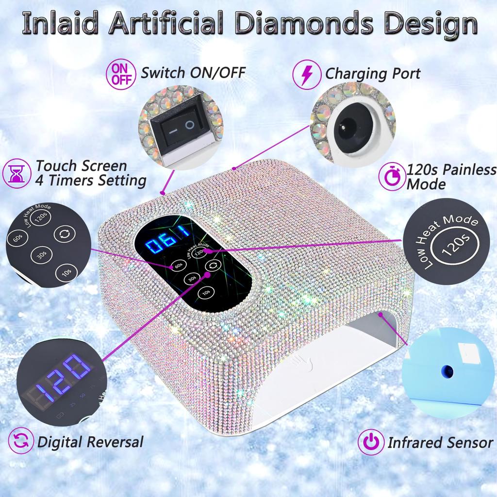 Rechargeable UV LED Nail Lamp 72W Wireless Nail Dryer with Crystals Professional UV Cabin for Gel Nails Dryer Manicure Lamp