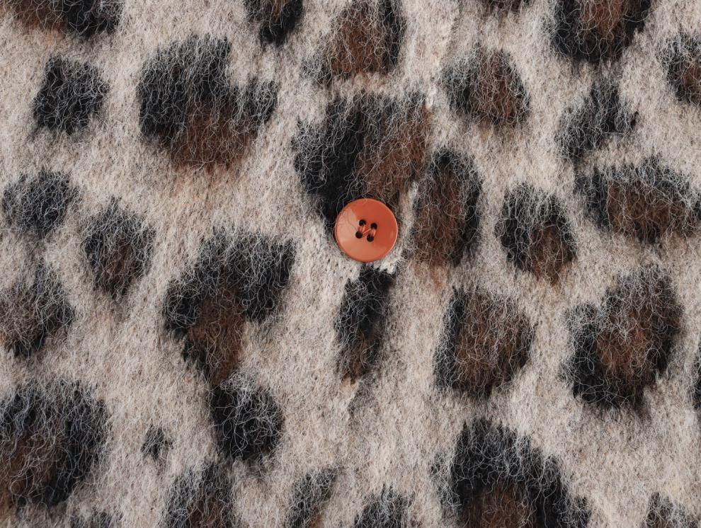 Leopard Print Round Neck Ribbed Knit Cardigan - European & American Style