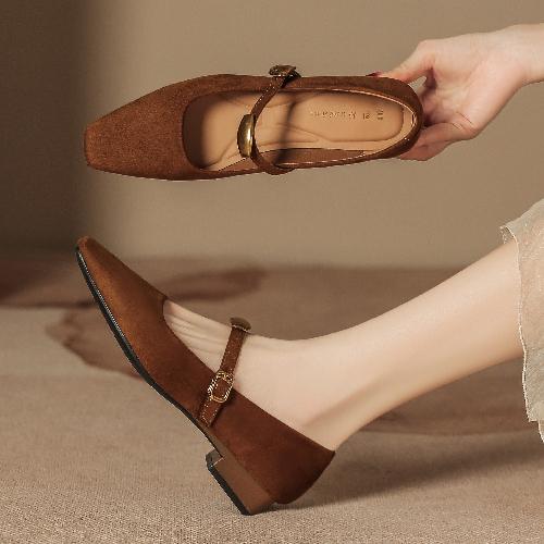 Vintage Mary Jane Shoes Women Soft Sole Low Heel Square Toe Suede Flats Breathable Non-Slip Casual